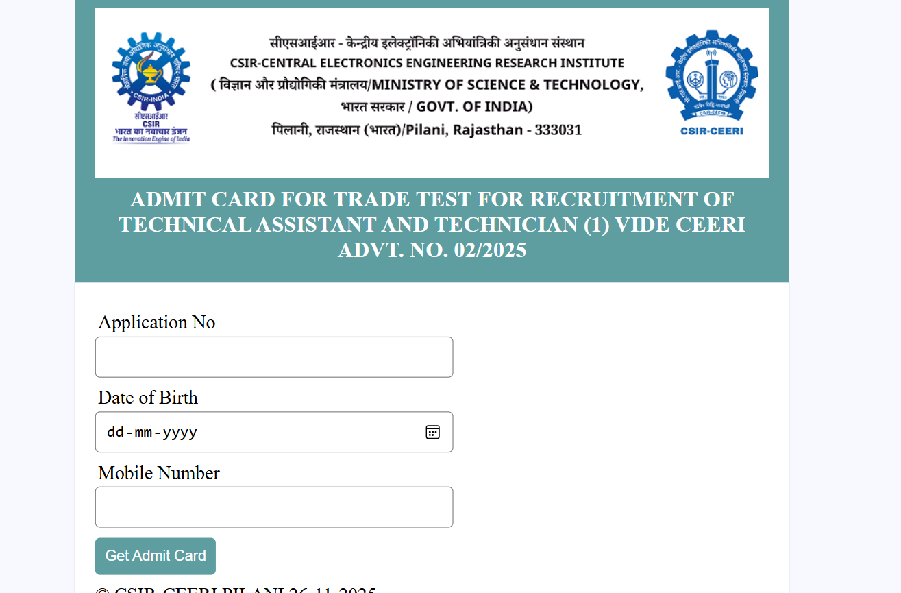 CSIR CEERI Admit Card 2025