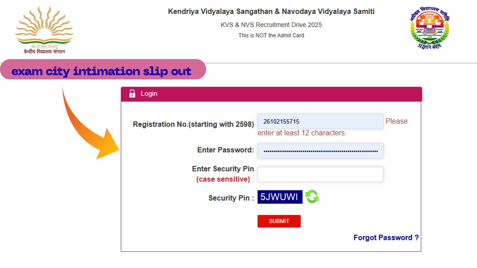KVS NVS exam city intimation slip out